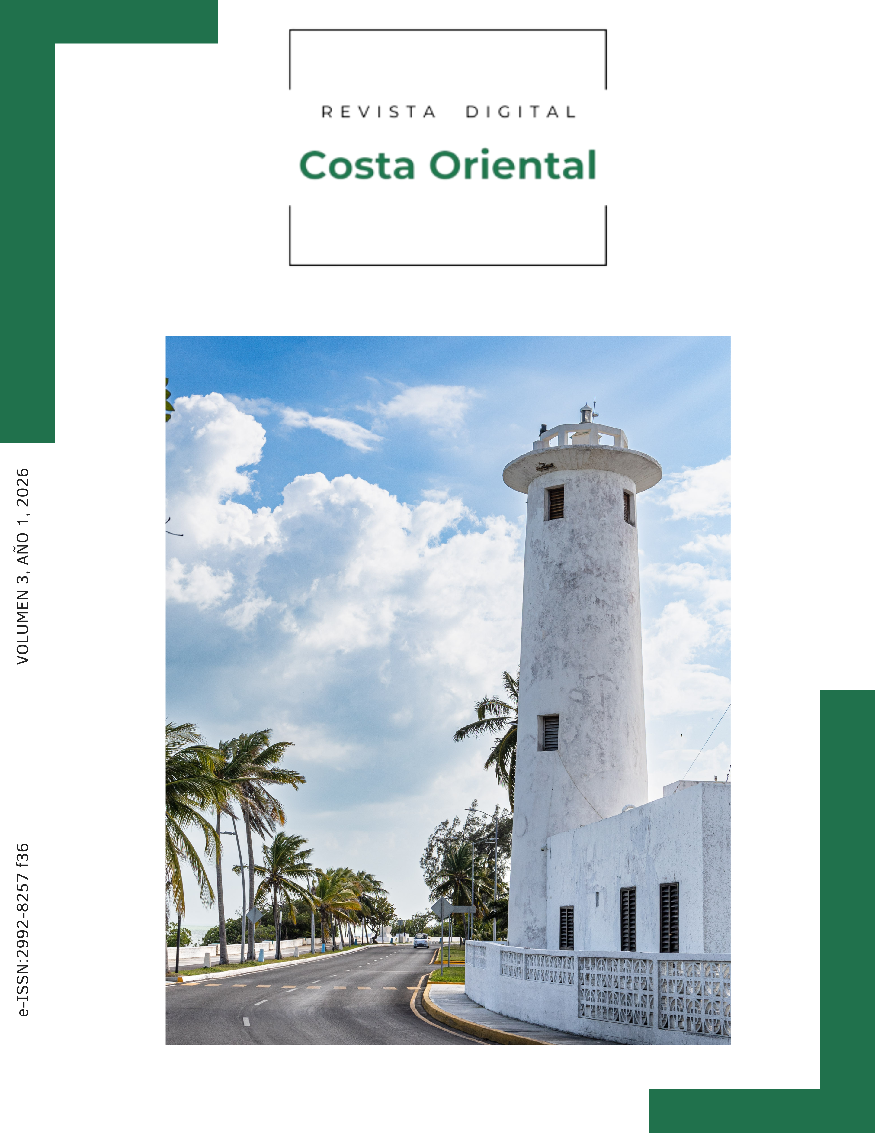 Te propongo este texto alternativo, pensado para buena accesibilidad y contexto:  `Portada de la Revista Digital Costa Oriental con fotografía del faro en la bahía de Chetumal, Quintana Roo`